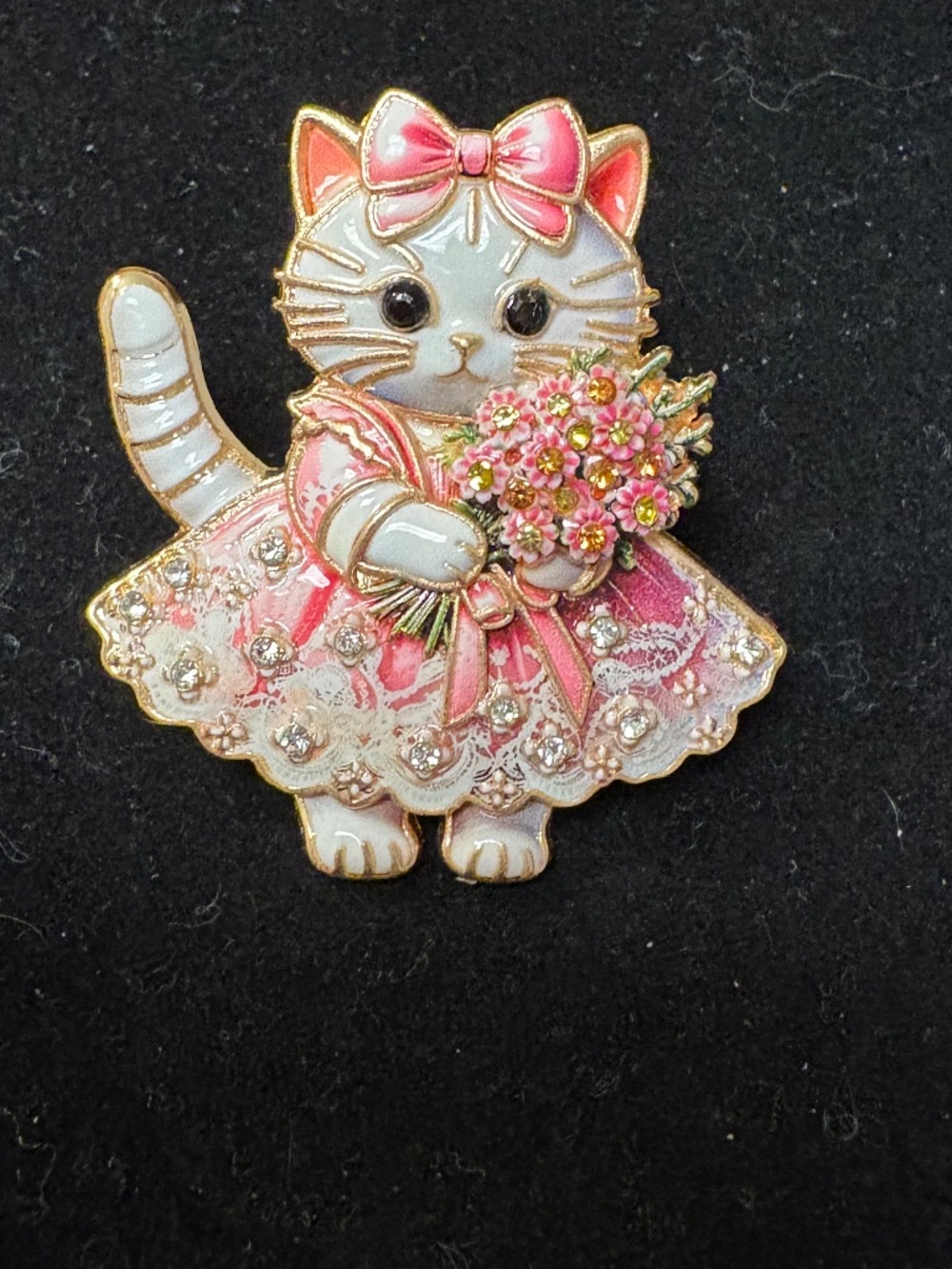 Cat Brooch Pin Pink Dress Bouquet Rhinestone Enamel Jewelry